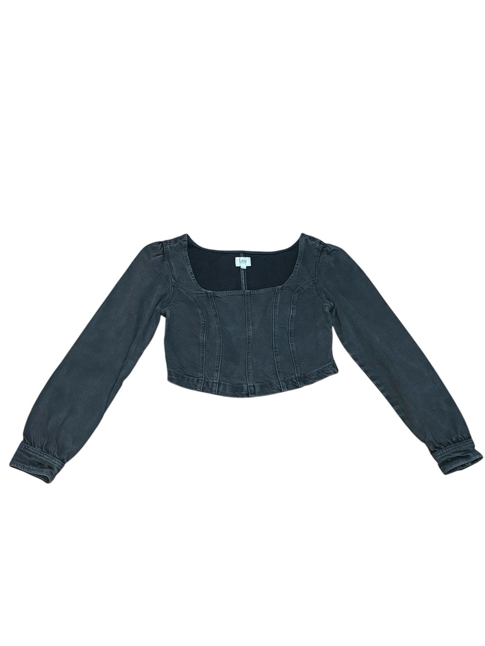 LEE Square Neck Grey Denim Long Sleeve Cropped Top - Medium